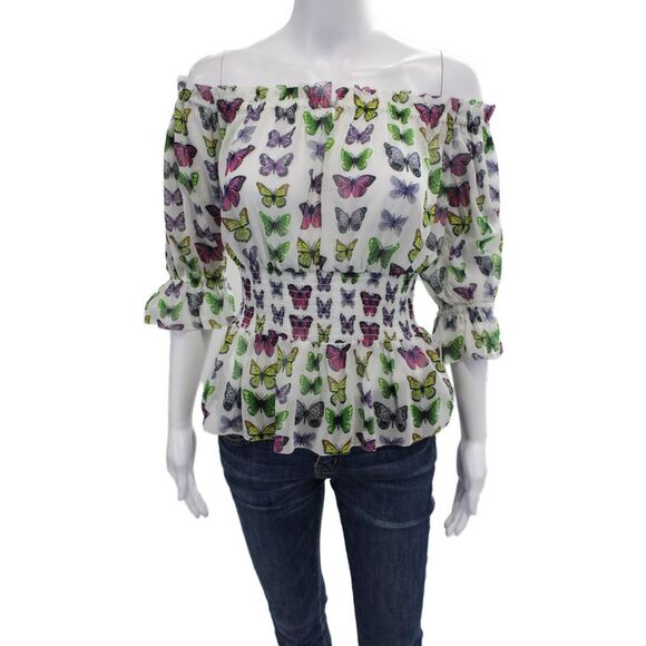 L'Agence Tops - L'Agence Womens Sheer Butterfly Print Off The Shoulder Blouse White Size XS